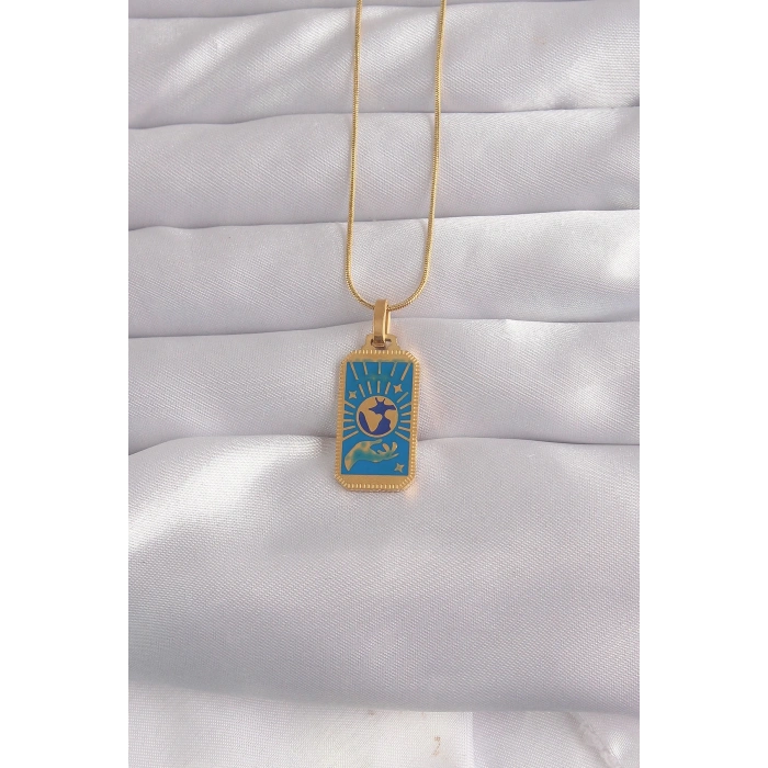 Mey İthalat® 316L Çelik Gold Renk Mavi Mineli El Figür Tarot Kolye