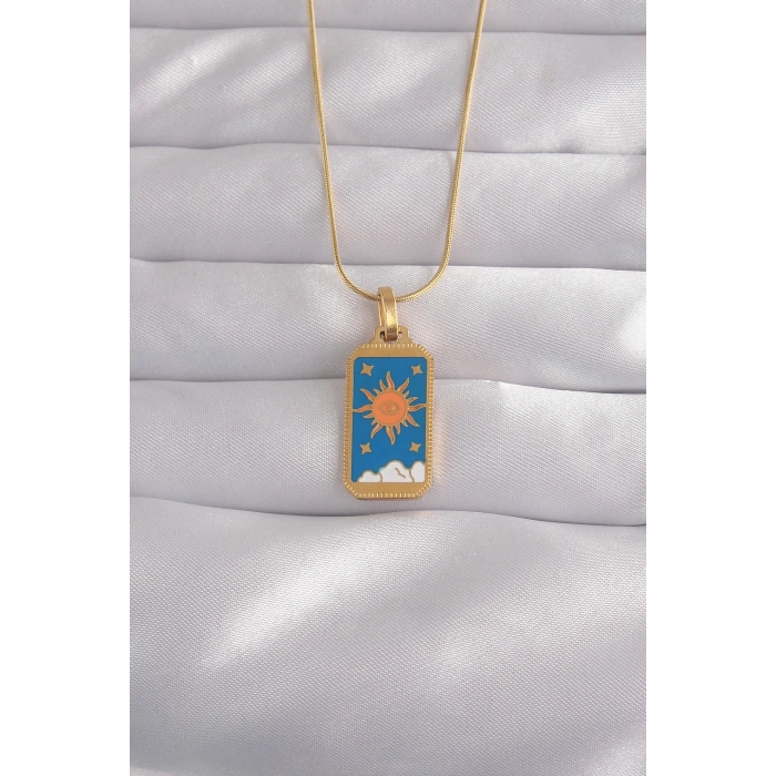 Mey İthalat® 316L Çelik Gold Renk Mavi Mineli Güneş Model Tarot Kolye