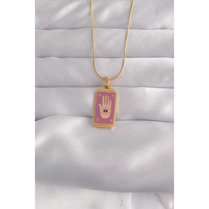 Mey İthalat® 316L Çelik Gold Renk Mor Mineli El Figür Tarot Kolye