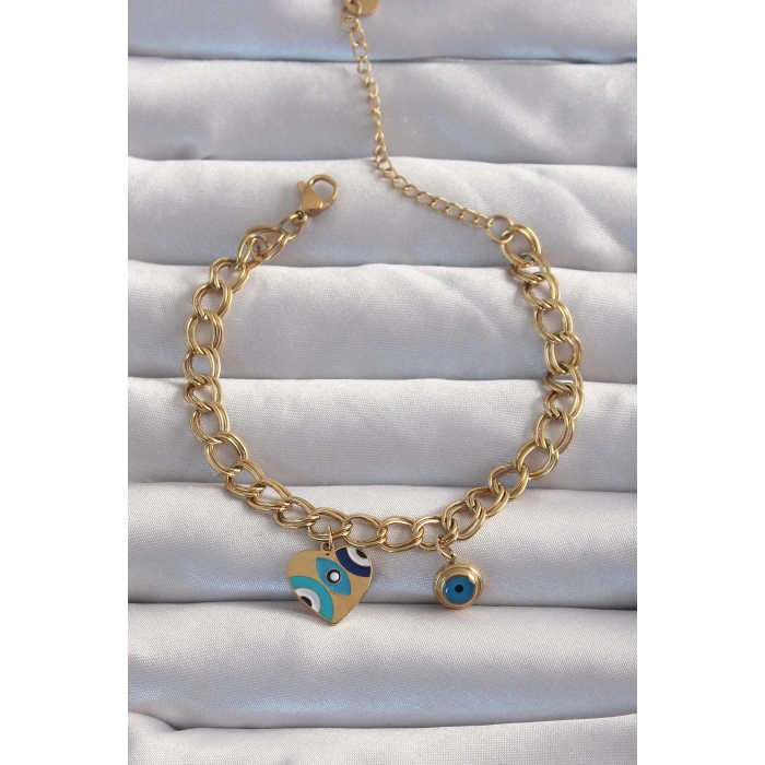 Mey İthalat® 316L Çelik Gold Renk Nazarlı Kalp Model Zincir Bileklik