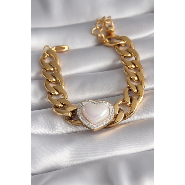Mey İthalat® 316L Çelik Gold Renk Pembe 3D Kalp Model Zirkon Taşlı Kadın Bileklik