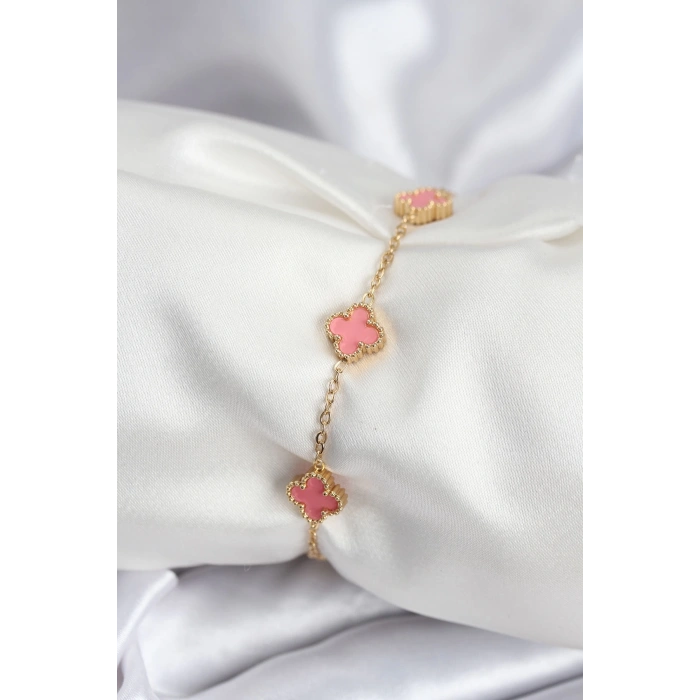 Mey İthalat® 316L Çelik Gold Renk Pembe Baby Boy Yonca Kadın Bileklik