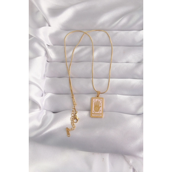 Mey İthalat® 316L Çelik Gold Renk Pembe Mineli El Figür Tarot Kolye