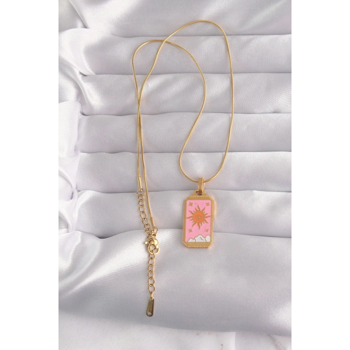 Mey İthalat® 316L Çelik Gold Renk Pembe Mineli Güneş Model Tarot Kolye