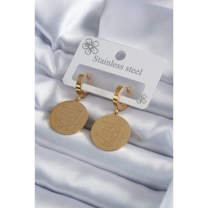 Mey İthalat® 316L Çelik Gold Renk Pentagram İşleme Model Kadın Küpe