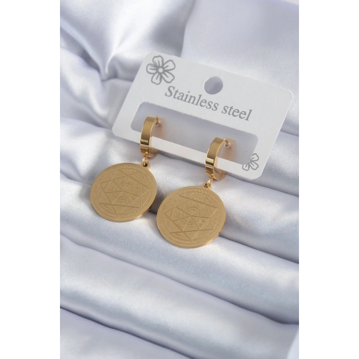 Mey İthalat® 316L Çelik Gold Renk Pentagram Yıldızı İşleme Model Kadın Küpe
