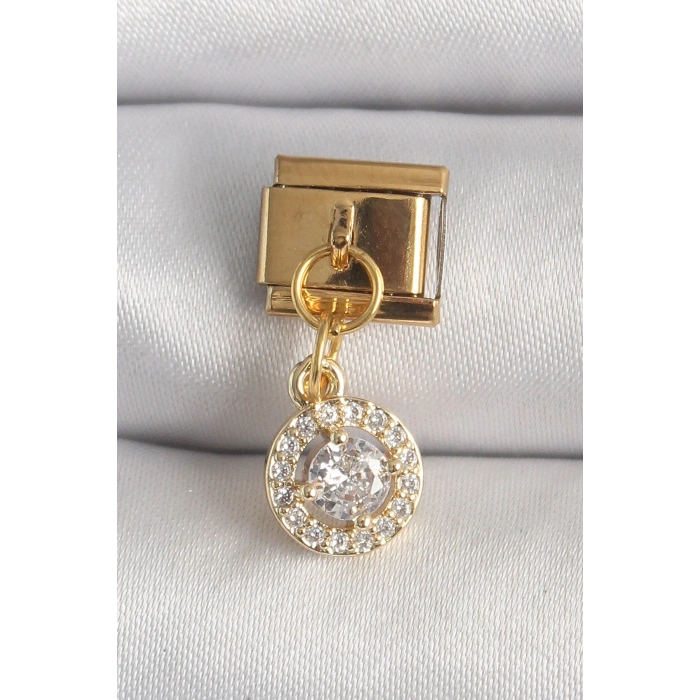 Mey İthalat® 316L Çelik Gold Renk Sallantı Daire Zirkon Taşlı Nomination Charm
