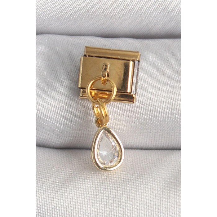 Mey İthalat® 316L Çelik Gold Renk Sallantı Damla Zirkon Taşlı Nomination Charm
