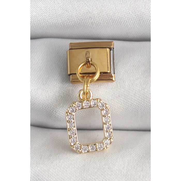 Mey İthalat® 316L Çelik Gold Renk Sallantı Kare Zirkon Taşlı Nomination Charm