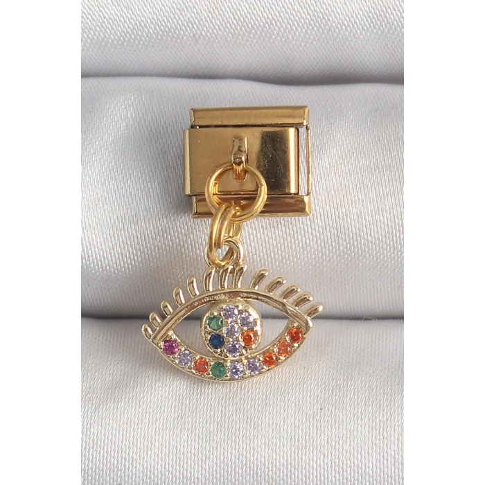 Mey İthalat® 316L Çelik Gold Renk Sallantı Renkli Zirkon Taşlı Göz Model Nomination Charm