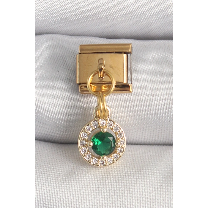 Mey İthalat® 316L Çelik Gold Renk Sallantı Yeşil Zirkon Taşlı Nomination Charm