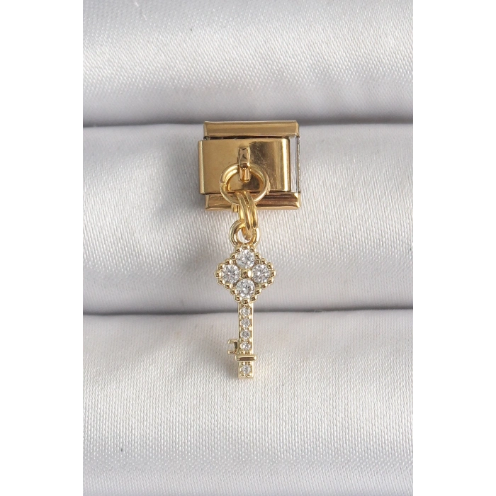 Mey İthalat® 316L Çelik Gold Renk Sallantı Zirkon Taşlı Anahtar Model Nomination Charm