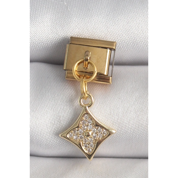Mey İthalat® 316L Çelik Gold Renk Sallantı Zirkon Taşlı Çiçek İşlemeli Nomination Charm
