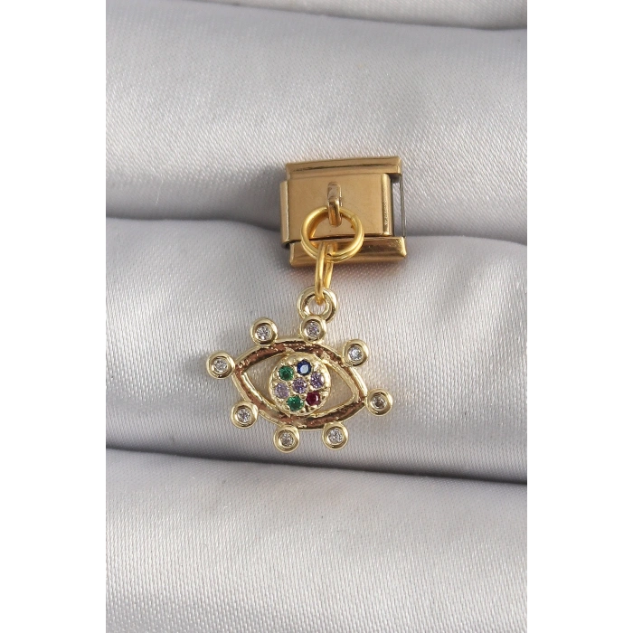 Mey İthalat® 316L Çelik Gold Renk Sallantı Zirkon Taşlı Göz Model Nomination Charm