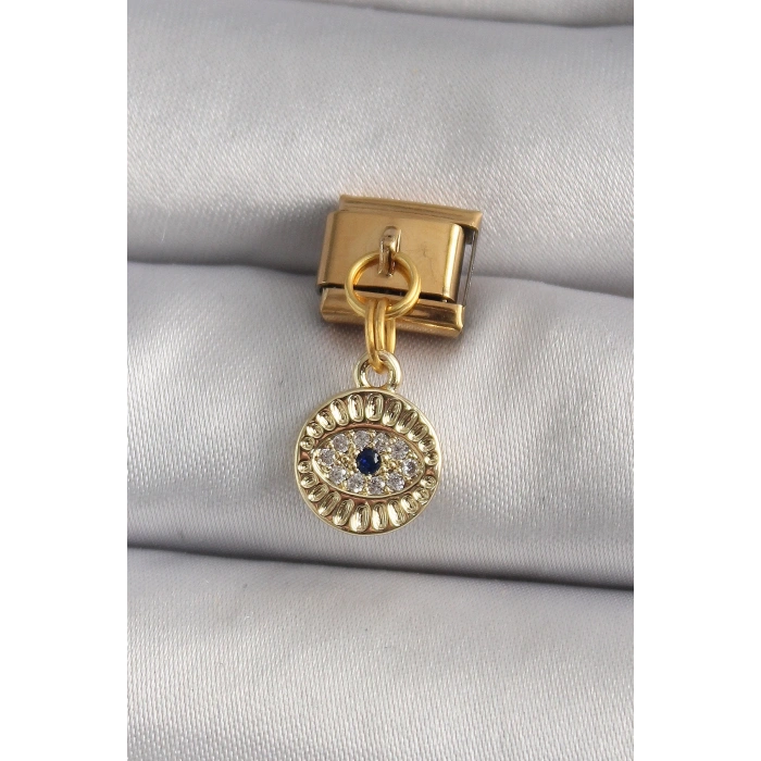 Mey İthalat® 316L Çelik Gold Renk Sallantı Zirkon Taşlı Göz Model Nomination Charm