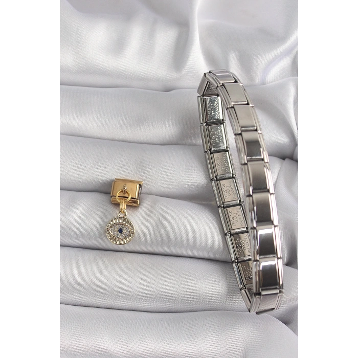 Mey İthalat® 316L Çelik Gold Renk Sallantı Zirkon Taşlı Göz Model Nomination Charm