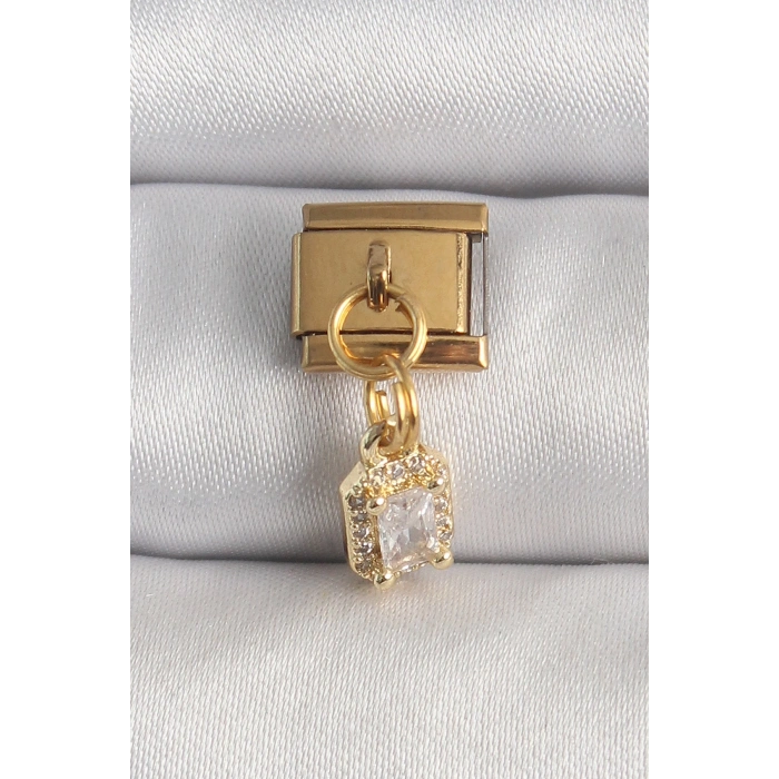 Mey İthalat® 316L Çelik Gold Renk Sallantı Zirkon Taşlı Kare Model Nomination Charm