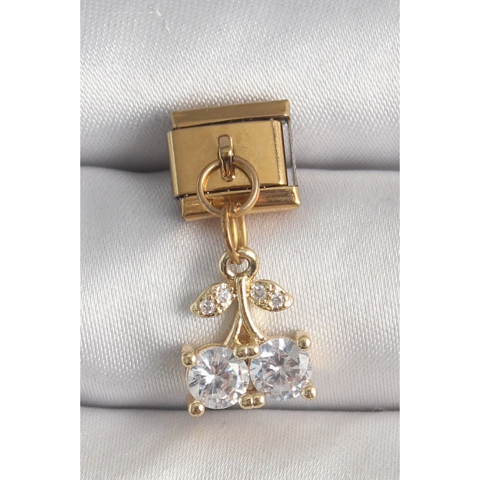 Mey İthalat® 316L Çelik Gold Renk Sallantı Zirkon Taşlı Kiraz Model Nomination Charm