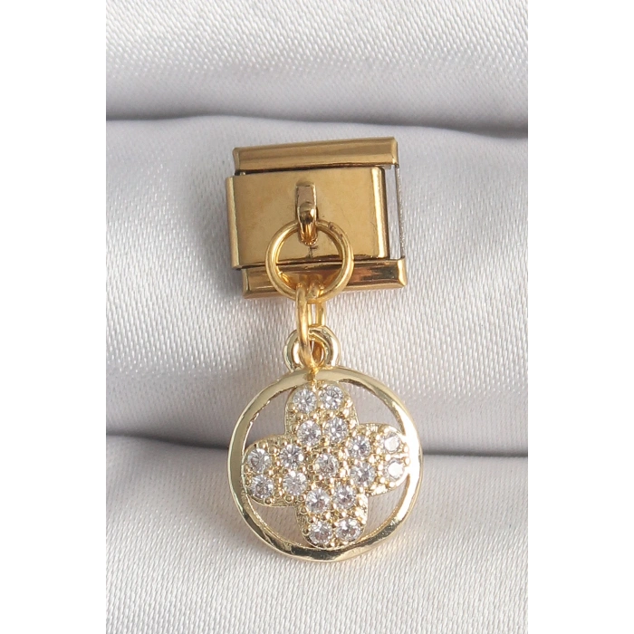 Mey İthalat® 316L Çelik Gold Renk Sallantı Zirkon Taşlı Yonca Model Nomination Charm