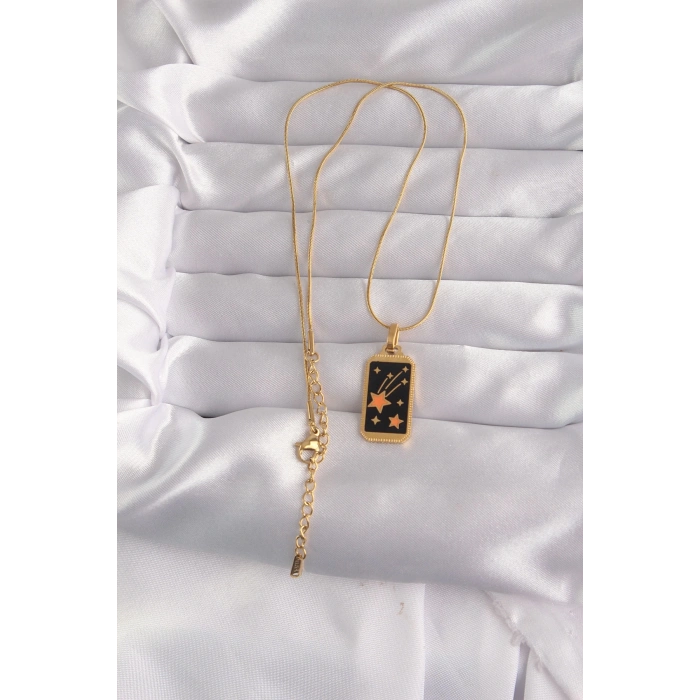 Mey İthalat® 316L Çelik Gold Renk Siyah Mineli Yıldız Figür Tarot Kolye