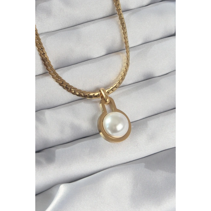 Mey İthalat® 316L Çelik Gold Renk Yassı Zincir İnci Taşlı Kolye