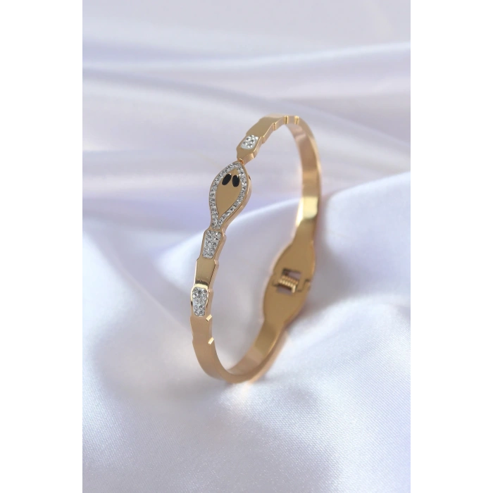 Mey İthalat® 316L Çelik Gold Renk Yılan Model Zirkon Taş Detay Kadın Kelepçe
