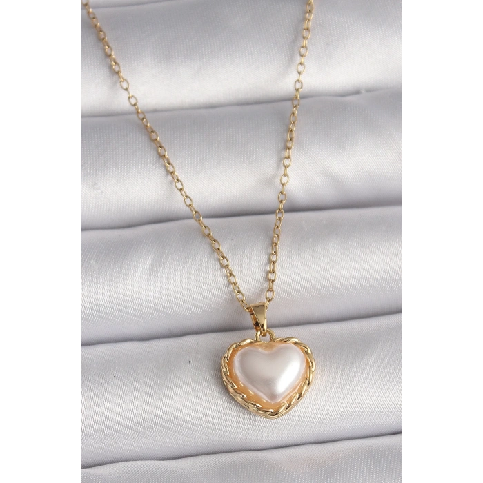 Mey İthalat® 316L Çelik Gold Renk Zincir 3D İnci Kalp Model Kadın Kolye