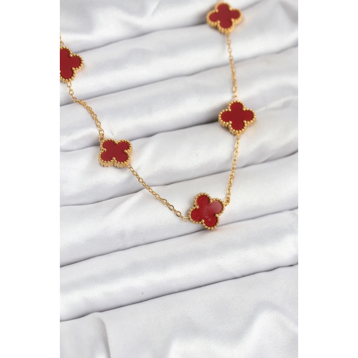 Mey İthalat® 316L Çelik Gold Renk Zincir Bordo Yonca Kadın Kolye