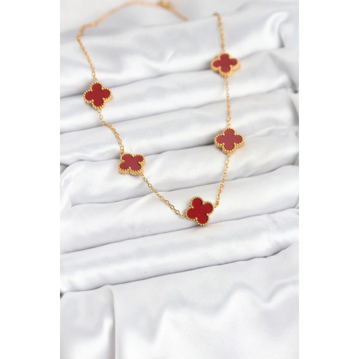 Mey İthalat® 316L Çelik Gold Renk Zincir Bordo Yonca Kadın Kolye