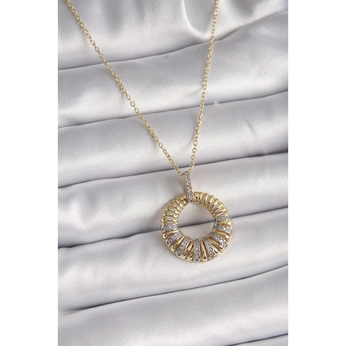 Mey İthalat® 316L Çelik Gold Renk Zincir Gümüş Zirkon Taşlı Daire Model Kadın Kolye