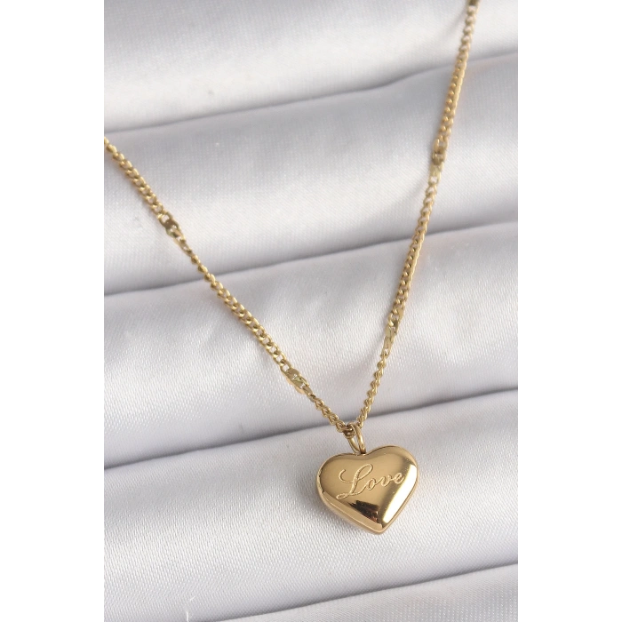Mey İthalat® 316L Çelik Gold Renk Zincir Love İşlemeli Kalp Figür Kadın Kolye