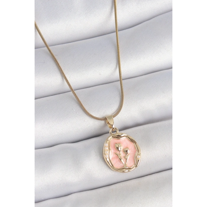 Mey İthalat® 316L Çelik Gold Renk Zincir Pembe Mineli Çiçek İşlemeli Portre Model Kadın Kolye