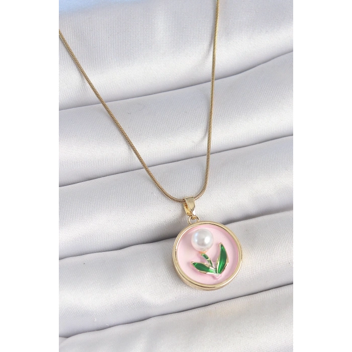 Mey İthalat® 316L Çelik Gold Renk Zincir Pembe Mineli İncili Çiçek İşlemeli Portre Model Kadın Kolye