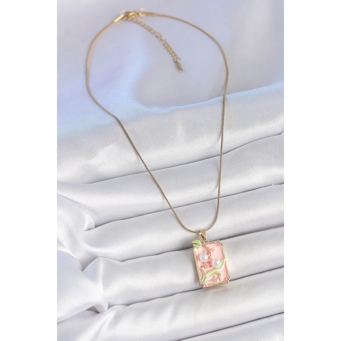 Mey İthalat® 316L Çelik Gold Renk Zincir Pembe Mineli İncli Çiçek İşlemeli Portre Model Kadın Kolye