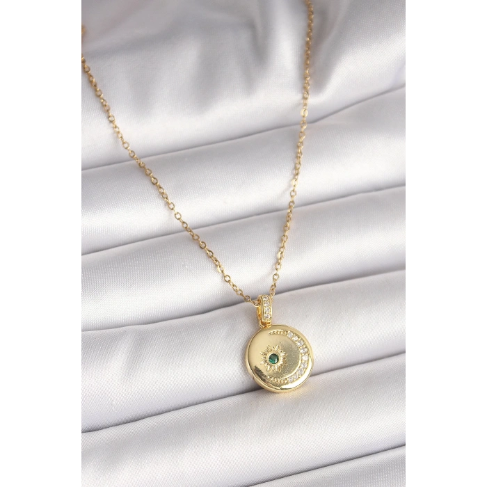 Mey İthalat® 316L Çelik Gold Renk Zincir Zirkon Taş İşlemeli Hilal Yıldız İşlemeli Madalyon Model Kadın Kolye