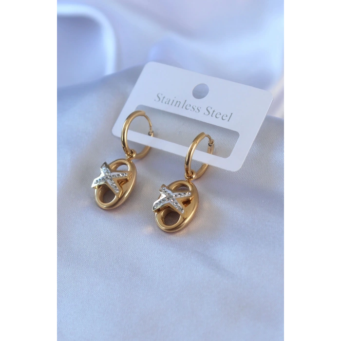 Mey İthalat® 316L Çelik Gold Renk Zirkon Taş Detay Kadın Küpe