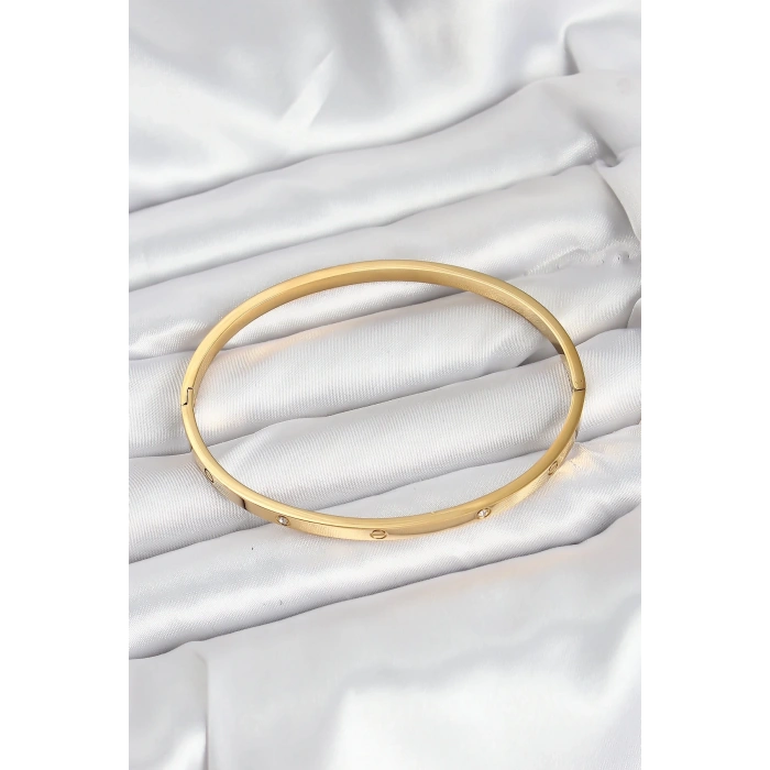Mey İthalat® 316L Çelik Gold Renk Zirkon Taşlı 65 mm İnce Kadın Kelepçe Bileklik