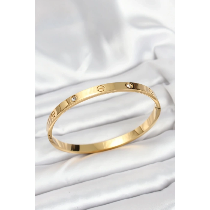 Mey İthalat® 316L Çelik Gold Renk Zirkon Taşlı 65 mm Kadın Kelepçe Bileklik
