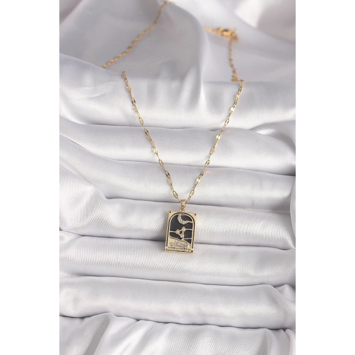 Mey İthalat® 316L Çelik Gold Renk Zirkon Taşlı Ay Figürlü Tarot Model Kadın Kolye