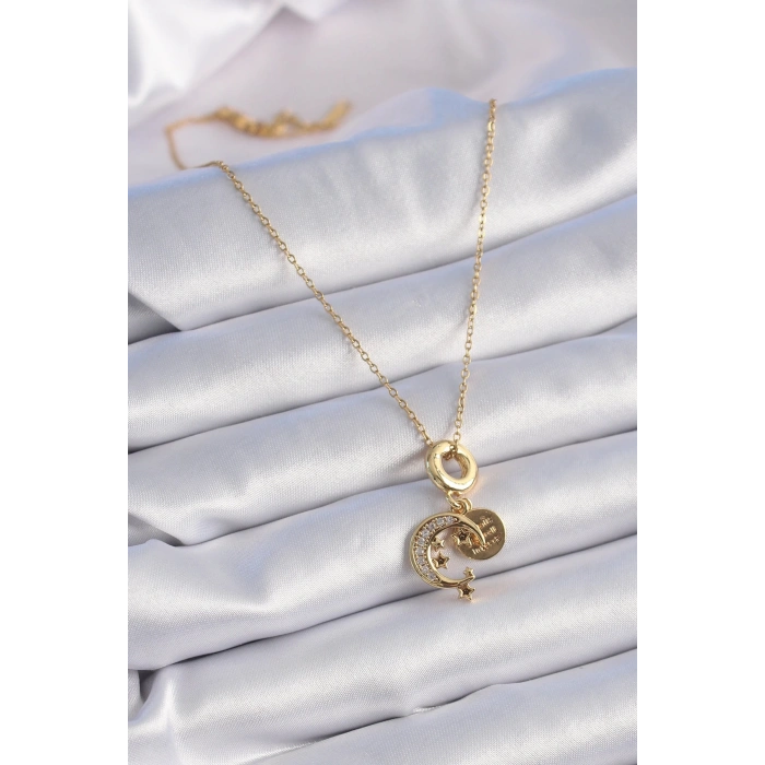 Mey İthalat® 316L Çelik Gold Renk Zirkon Taşlı Ay Yıldız  Model Charm Model Kadın Kolye