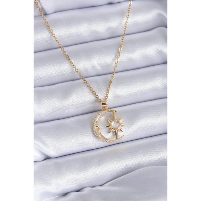 Mey İthalat® 316L Çelik Gold Renk Zirkon Taşlı Ay Yıldız Model Kadın Kolye