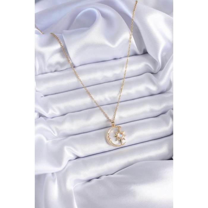 Mey İthalat® 316L Çelik Gold Renk Zirkon Taşlı Ay Yıldız Model Kadın Kolye