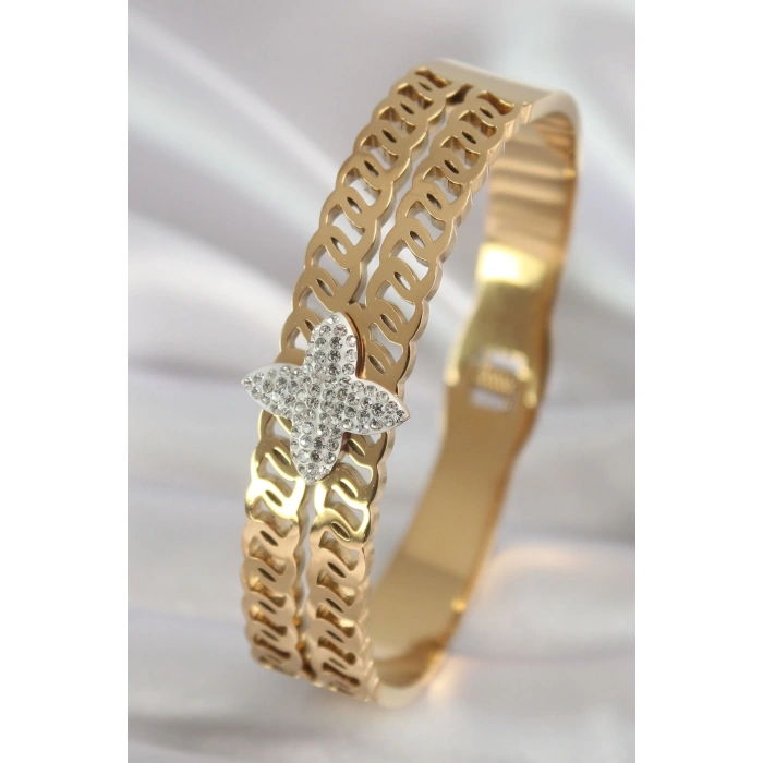 Mey İthalat® 316L Çelik Gold Renk Zirkon Taşlı Çiçek Model Kadın Kelepçe