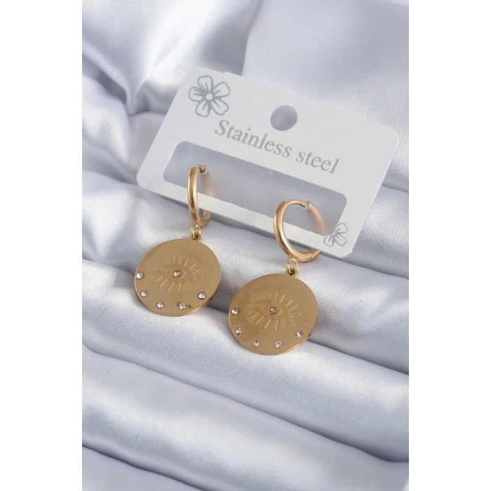 Mey İthalat® 316L Çelik Gold Renk Zirkon Taşlı Göz İşleme Model Kadın Küpe