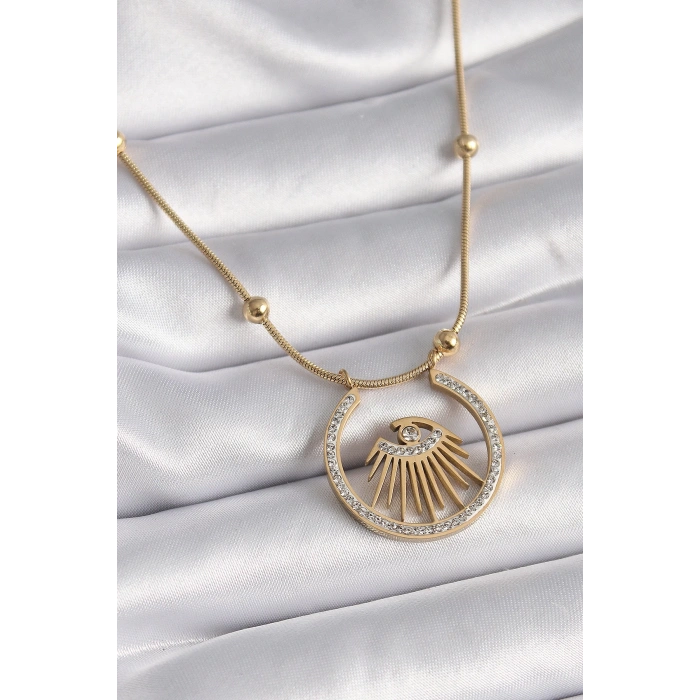 Mey İthalat® 316L Çelik Gold Renk Zirkon Taşlı Göz Model Kadın Kolye