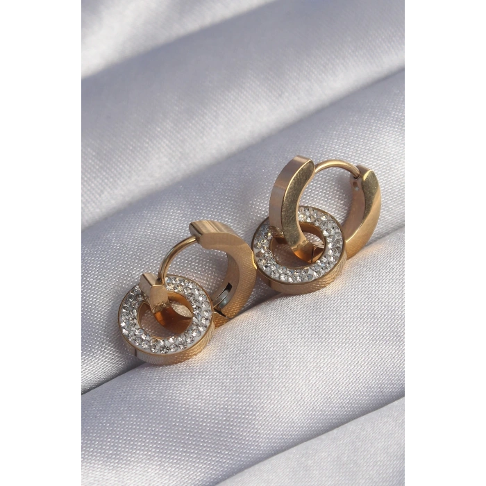Mey İthalat® 316L Çelik Gold Renk Zirkon Taşlı İç İçe Geçmeli Oval Küpe