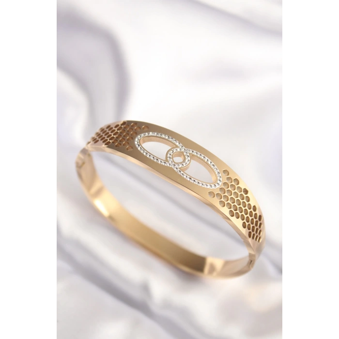 Mey İthalat® 316L Çelik Gold Renk Zirkon Taşlı Kadın Kelepçe Bilezik