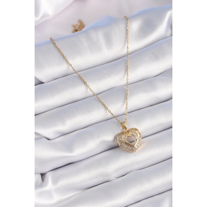 Mey İthalat® 316L Çelik Gold Renk Zirkon Taşlı Kalp Model Vintage Kadın Kolye