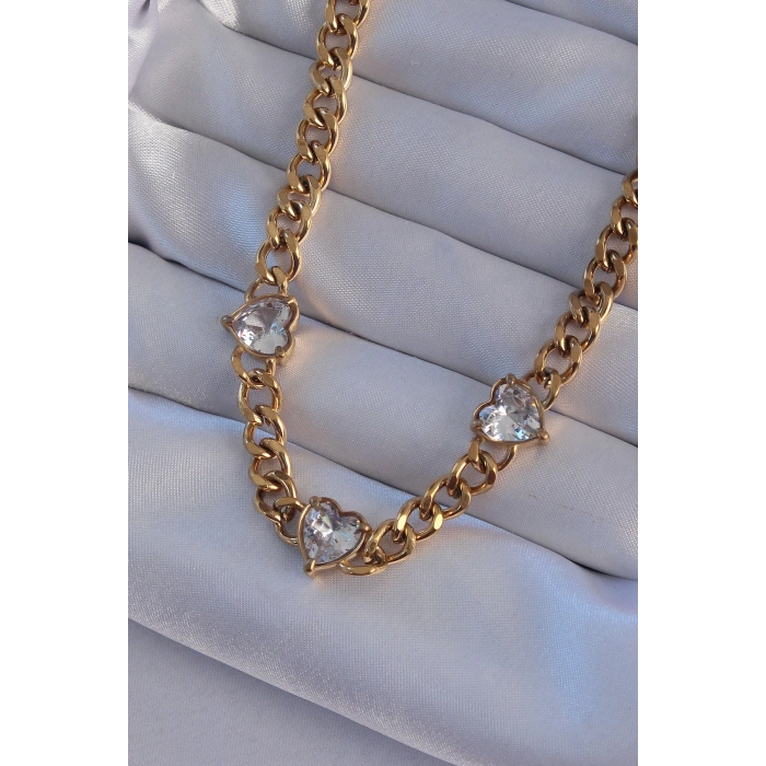 Mey İthalat® 316L Çelik Gold Renk Zirkon Taşlı Kalp Model Zincir Kolye