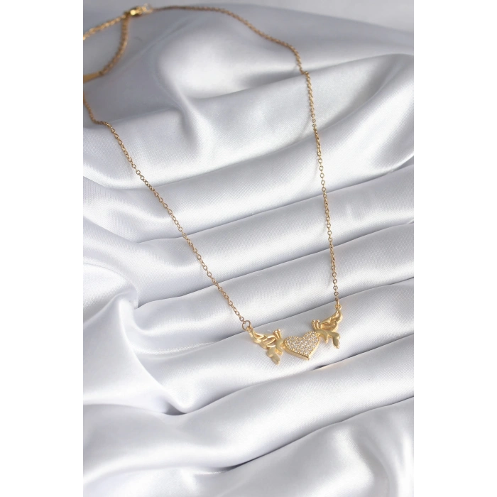 Mey İthalat® 316L Çelik Gold Renk Zirkon Taşlı Kanatlı Kalp Model Kadın Kolye